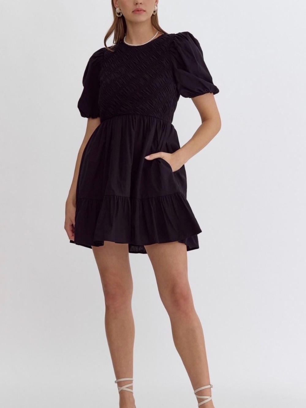 Entro Tracie Mini Dress Black Puff-Sleeve Tiered